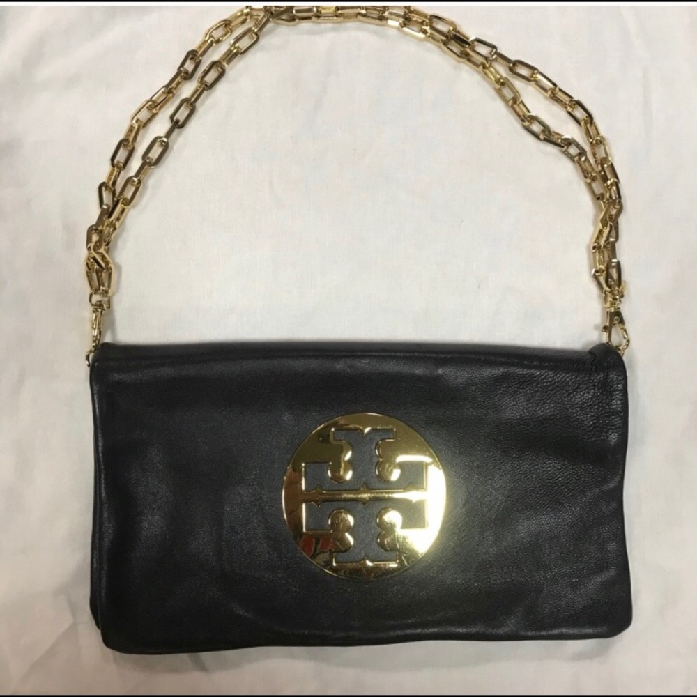 Tory Burch black chain leather Clutch Bag